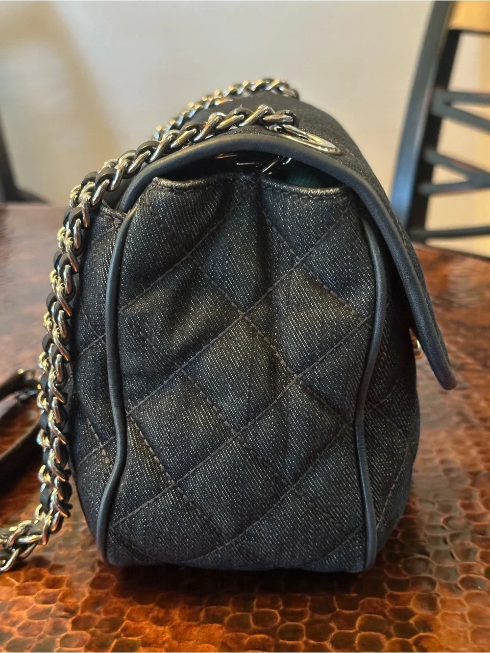 Michael Kors Sloan Large Quilted Denim Shoulder Bag with Silver Chain